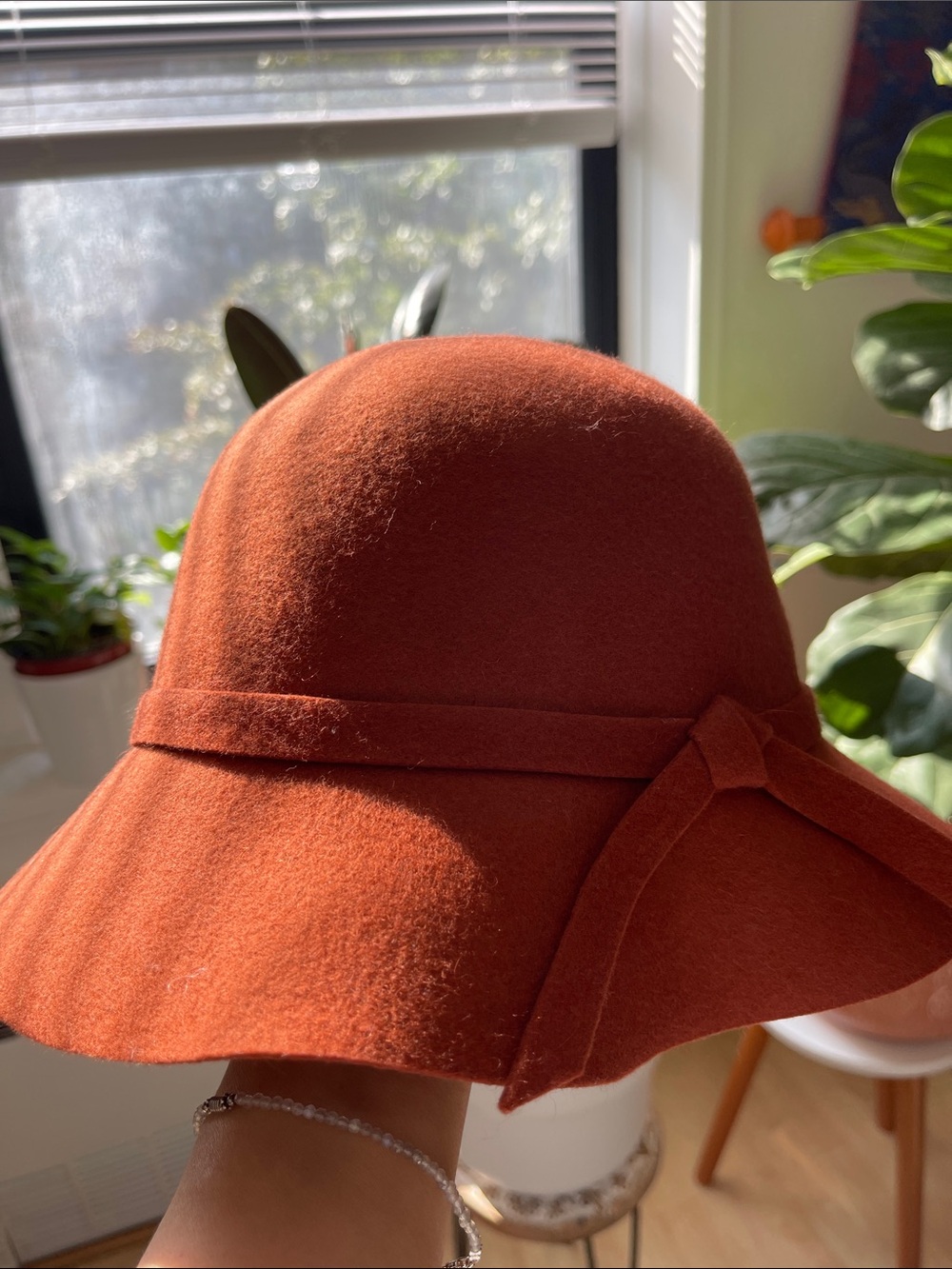 Rust Felt Cloche Hat with Bow Detail